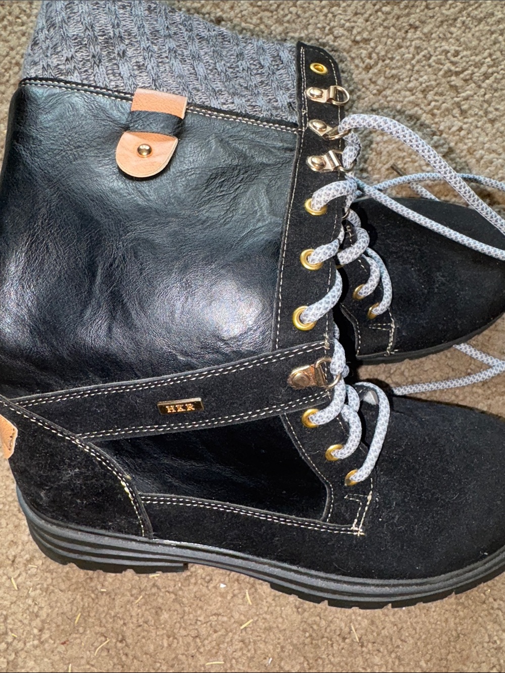 Women’s Black Combat Boots with Knit Cuff by HKR
